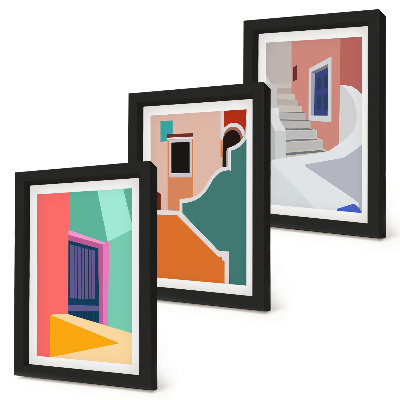 Tríptico enmarcado Ilustraciones coloridas de edificios de estilo moderno