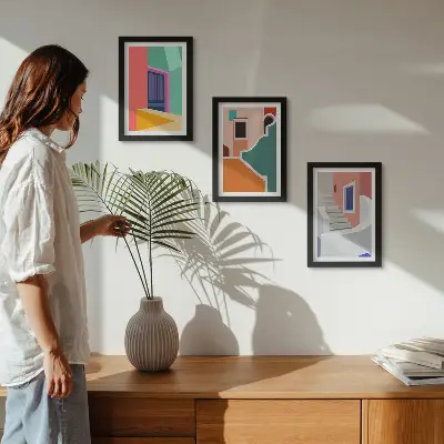 Ilustraciones de edificios de estilo moderno tríptico enmarcado