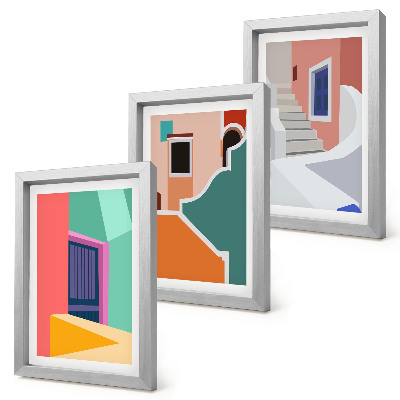 Tríptico enmarcado Ilustraciones coloridas de edificios de estilo moderno