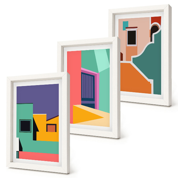 Juego de 3 cuadros decorativos Ilustraciones coloridas de la ciudad en un estilo moderno.
