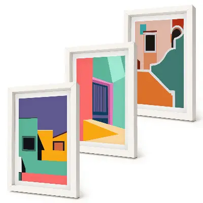 Juego de 3 cuadros decorativos con ilustraciones coloridas de ciudad en estilo moderno