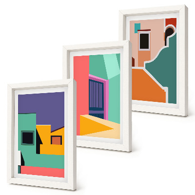 Juego de 3 cuadros decorativos Ilustraciones coloridas de la ciudad en un estilo moderno.