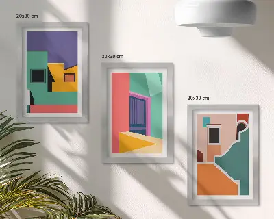 Juego de 3 cuadros decorativos con ilustraciones coloridas de ciudad en estilo moderno
