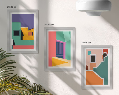 Juego de 3 cuadros decorativos Ilustraciones coloridas de la ciudad en un estilo moderno.