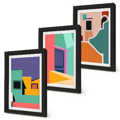 Juego de 3 cuadros decorativos Ilustraciones coloridas de la ciudad en un estilo moderno.