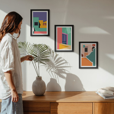 Juego de 3 cuadros decorativos Ilustraciones coloridas de la ciudad en un estilo moderno.
