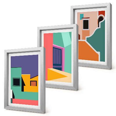 Juego de 3 cuadros decorativos Ilustraciones coloridas de la ciudad en un estilo moderno.