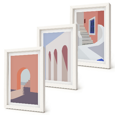Tríptico enmarcado Ilustraciones de arquitectura urbana en estilo minimalista.