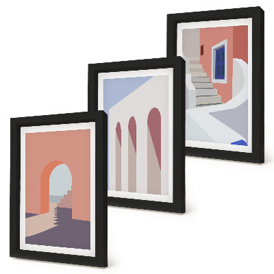 Tríptico enmarcado Ilustraciones de arquitectura urbana en estilo minimalista.