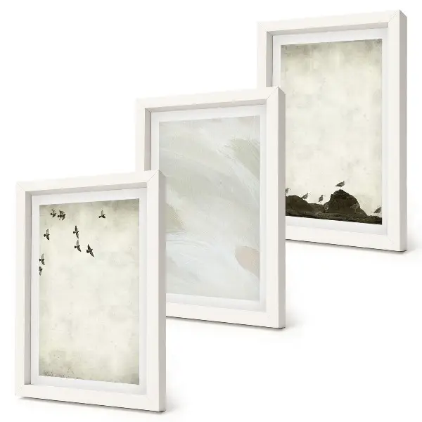 Tríptico enmarcado decoración minimalista con pájaros, rocas y pinceladas