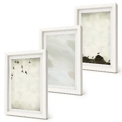 Tríptico enmarcado decoración minimalista con pájaros, rocas y pinceladas