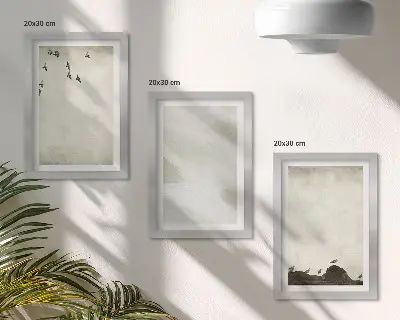Tríptico enmarcado decoración minimalista con pájaros, rocas y pinceladas