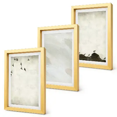 Tríptico enmarcado decoración minimalista con pájaros, rocas y pinceladas