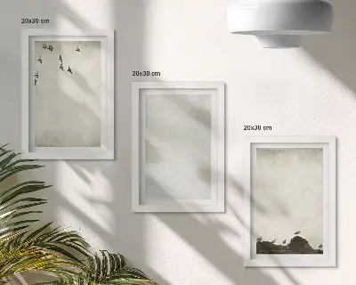 Tríptico enmarcado decoración minimalista con pájaros, rocas y pinceladas