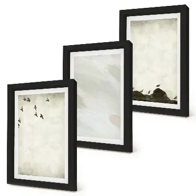Tríptico enmarcado decoración minimalista con pájaros, rocas y pinceladas