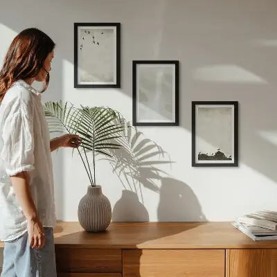 Tríptico enmarcado decoración minimalista con pájaros, rocas y pinceladas