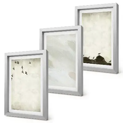Tríptico enmarcado decoración minimalista con pájaros, rocas y pinceladas
