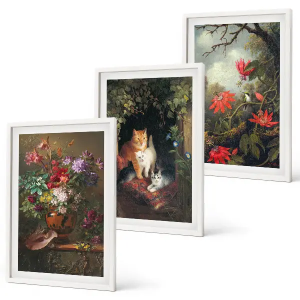 Set de 3 cuadros para salón con diseño de flores vintage, gatos y naturaleza