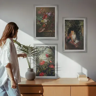 Set de 3 cuadros para salón con diseño de flores vintage, gatos y naturaleza