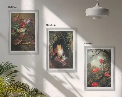 Set de 3 cuadros para salón con diseño de flores vintage, gatos y naturaleza