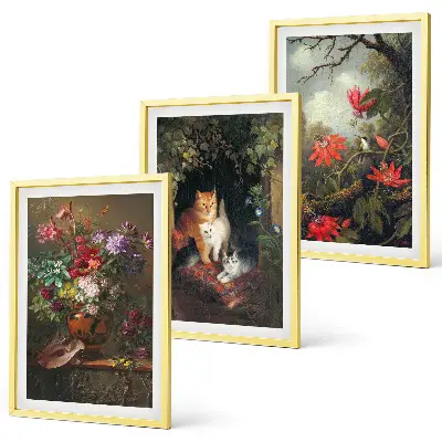 Set de 3 cuadros para salón con diseño de flores vintage, gatos y naturaleza