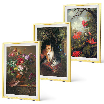 Set de 3 cuadros para salón Flores vintage, gatos, naturaleza