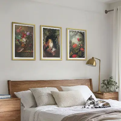 Set de 3 cuadros para salón con diseño de flores vintage, gatos y naturaleza