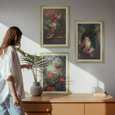 Set de 3 cuadros para salón con diseño de flores vintage, gatos y naturaleza