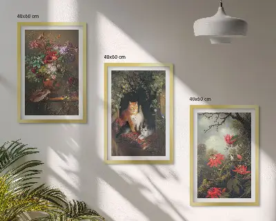 Set de 3 cuadros para salón con diseño de flores vintage, gatos y naturaleza