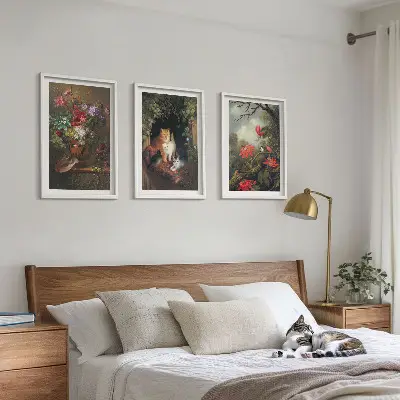 Set de 3 cuadros para salón con diseño de flores vintage, gatos y naturaleza