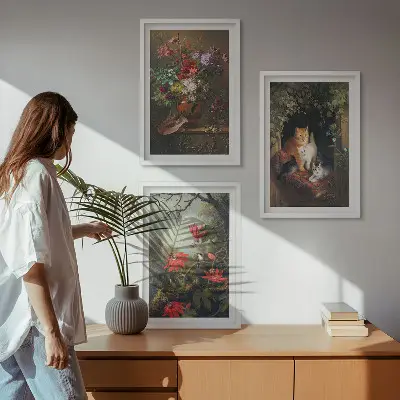Set de 3 cuadros para salón con diseño de flores vintage, gatos y naturaleza