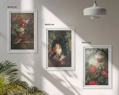 Set de 3 cuadros para salón con diseño de flores vintage, gatos y naturaleza