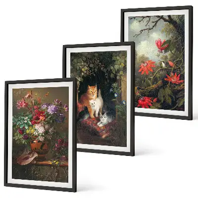 Set de 3 cuadros para salón con diseño de flores vintage, gatos y naturaleza