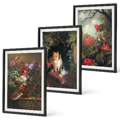 Set de 3 cuadros para salón Flores vintage, gatos, naturaleza