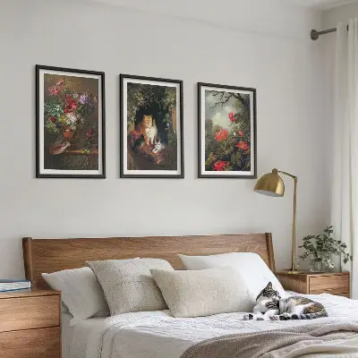 Set de 3 cuadros para salón con diseño de flores vintage, gatos y naturaleza