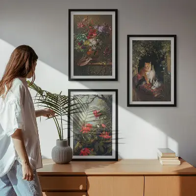 Set de 3 cuadros para salón con diseño de flores vintage, gatos y naturaleza