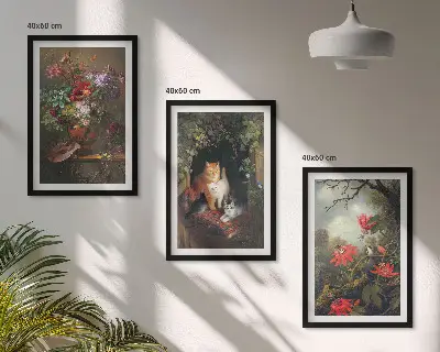 Set de 3 cuadros para salón con diseño de flores vintage, gatos y naturaleza