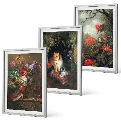 Set de 3 cuadros para salón con diseño de flores vintage, gatos y naturaleza
