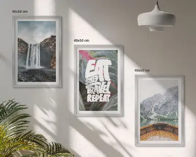 Juego de 3 cuadros paisaje de barco rodeado de cascadas y montañas