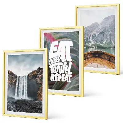Juego de 3 cuadros paisaje de barco rodeado de cascadas y montañas