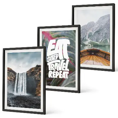 Juego de 3 cuadros paisaje de barco rodeado de cascadas y montañas