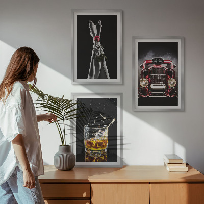 Set de 3 cuadros para salón Piernas de mujer rosa coche whisky