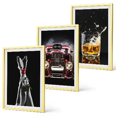 Set de 3 cuadros decorativos para salón con diseño artístico de piernas de mujer en tonos rosa y elementos de coche y whisky