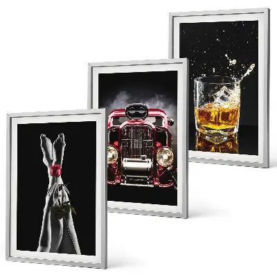 Set de 3 cuadros decorativos para salón con diseño artístico de piernas de mujer en tonos rosa y elementos de coche y whisky