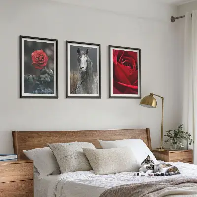 Juego de 3 cuadros diseño de rosas rojas y caballo en mundo gris