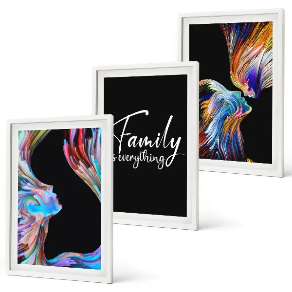 Juego de 3 cuadros retratos de personas con patrones coloridos familiares