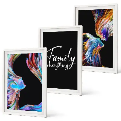 Juego de 3 cuadros retratos de personas con patrones coloridos familiares