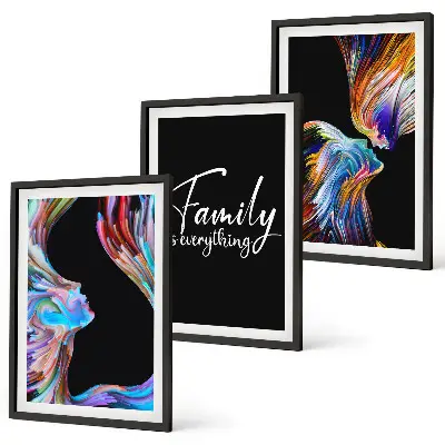 Juego de 3 cuadros retratos de personas con patrones coloridos familiares