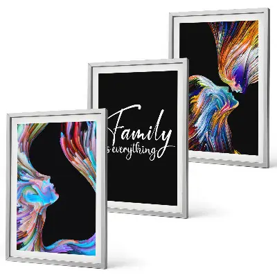 Juego de 3 cuadros retratos de personas con patrones coloridos familiares