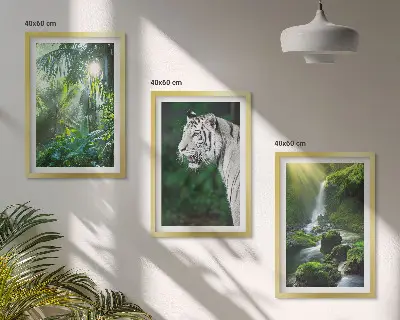 Set de 3 cuadros para salón diseño de cascada en la selva con tigre